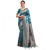 Sea Green Banarasi Silk printed saree with unstitched blouse, 5.5Mtr, traditional Indian bridal wear on mannequin