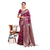 Purple Banarasi silk printed saree with unstitched blouse, vibrant floral design for women's traditional wear