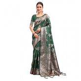 Dark green Banarasi silk printed saree with unstitched blouse, elegant traditional wear on model