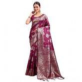 Purple Banarasi silk printed saree with unstitched blouse (5.5mtr), traditional Indian women's fashion accessory