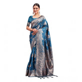 Teal blue Banarasi silk printed saree with unstitched blouse (5.5Mtr), traditional Indian ethnic wear for women on display