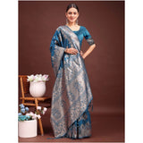 Women's Banarasi Silk Printed Saree With Unstitched Blouse 5.5Mtr (Teal Blue)