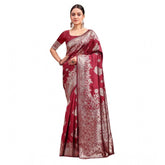 Maroon Banarasi silk printed saree with unstitched blouse, vibrant pattern on 5.5m length