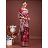 Women's Banarasi Silk Printed Saree With Unstitched Blouse 5.5Mtr (Maroon)