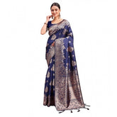Navy Blue Banarasi Silk Printed Saree with unstitched blouse, 5.5Mtr on model