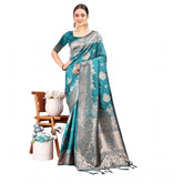Sea Green Banarasi Silk Printed Saree with unstitched blouse, vibrant design on display