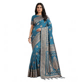 Teal silk blend printed saree with unstitched blouse (5.5Mtr), vibrant ethnic Indian women's wear