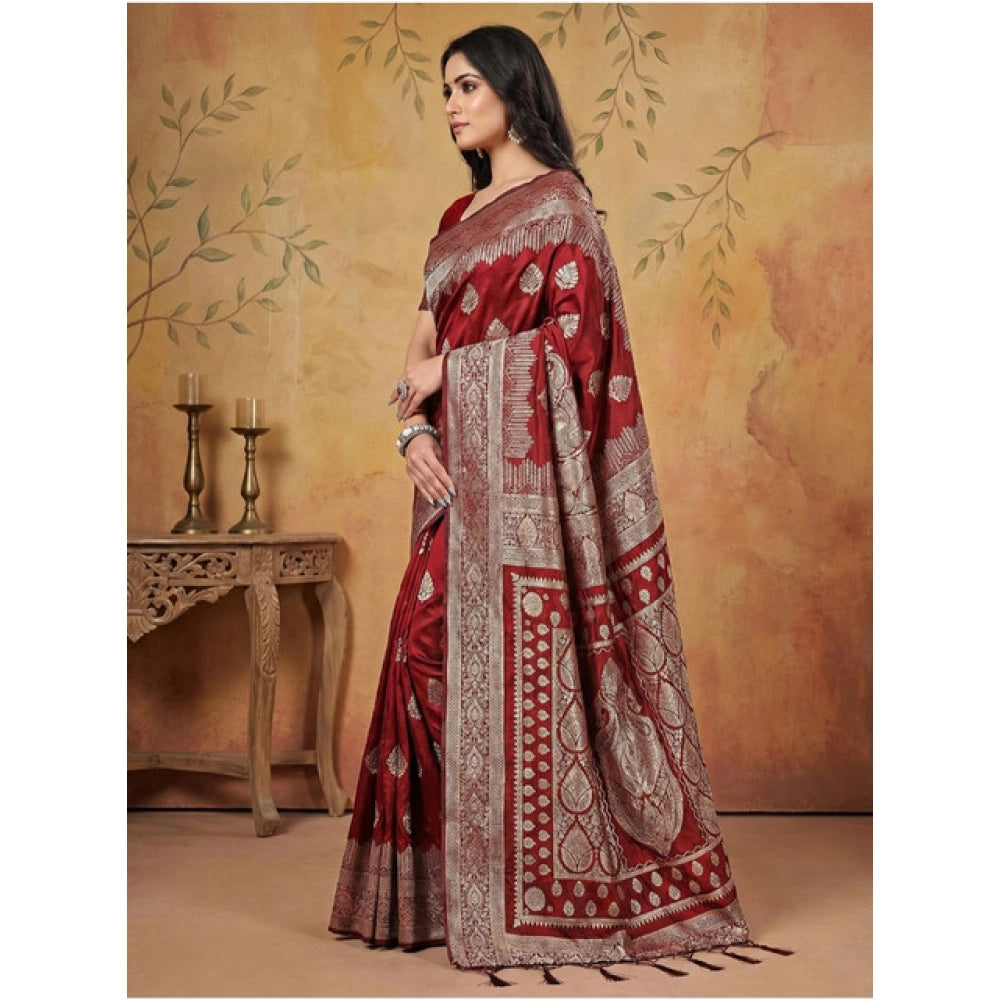 Maroon silk blend printed saree with unstitched blouse (5.5Mtr), women's ethnic fashion accessory