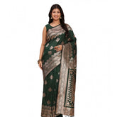 Green Banarasi Silk printed saree with unstitched blouse, vibrant design on 5.5mtr length