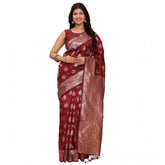 Maroon Banarasi silk printed saree with unstitched blouse, vibrant pattern details