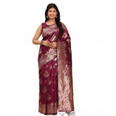 Purple Banarasi silk printed saree with unstitched blouse (5.5mtr), traditional Indian fashion accessory