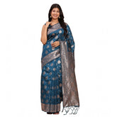 Teal blue Banarasi silk printed saree with unstitched blouse, vibrant and luxurious Indian wear