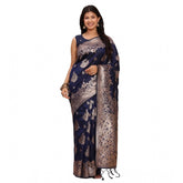 Navy blue Banarasi silk printed saree with unstitched blouse, vibrant design on a 5.5mtr length