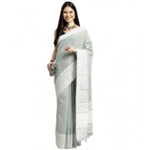 Sea Green Linen Printed Saree with Unstitched Blouse, vibrant Indian traditional wear for women