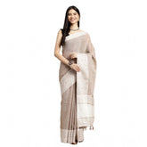 Beige linen printed saree with unstitched blouse (5.5mtr), traditional Indian attire for women on display
