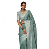 Sea Green Linen Printed Saree with Unstitched Blouse, vibrant Indian fashion for women