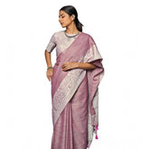 Purple linen printed saree with unstitched blouse (5.5mtr) - vintage Indian fashion on mannequin