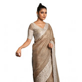 Beige linen printed saree with unstitched blouse (5.5Mtr), vintage Indian women's traditional attire on hanger