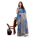 Sky blue silk printed saree with unstitched blouse (5.5Mtr) on mannequin
