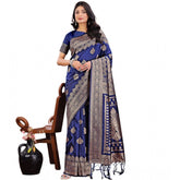 Navy blue silk printed saree with unstitched blouse, vibrant pattern on 5.5mtr fabric