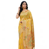 Yellow linen cotton printed saree with unstitched blouse, vibrant Indian fashion wear