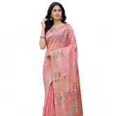 Pink linen-cotton printed saree with unstitched blouse (5.5mtr), vibrant Indian fashion wear