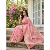 Women's Linen Cotton Printed Saree With Unstitched Blouse 5.5Mtr (Pink)