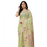 Light green linen cotton printed saree with unstitched blouse, vibrant Indian fashion accessory for women