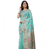 Sky blue linen cotton printed saree with unstitched blouse, vibrant sky-blue design on natural fabric