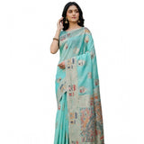 Women's Linen Cotton Printed Saree With Unstitched Blouse 5.5Mtr (Sky Blue)