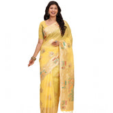 Yellow linen cotton printed saree with unstitched blouse (5.5mtr) - vibrant pattern for traditional Indian wear