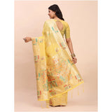 Women's Linen Cotton Printed Saree With Unstitched Blouse 5.5Mtr (Yellow)