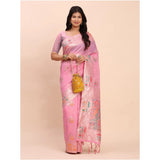 Women's Linen Cotton Printed Saree With Unstitched Blouse 5.5Mtr (Pink)