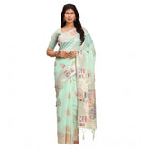 Sea Green Linen Cotton Printed Saree with Unstitched Blouse, 5.5Mtr for women's traditional Indian wear