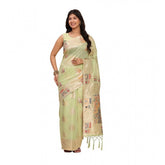Light green linen-cotton printed saree with unstitched blouse (5.5mtr), traditional Indian attire on mannequin