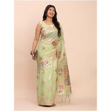 Women's Linen Cotton Printed Saree With Unstitched Blouse 5.5Mtr (Light Green)