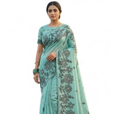 Sea green linen-cotton printed saree with unstitched blouse, 5.5mtr for women's ethnic wear