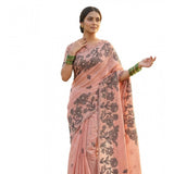 Peach linen cotton printed saree with unstitched blouse (5.5mtr), women's traditional Indian attire on mannequin