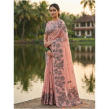 Peach linen-cotton printed saree with unstitched blouse (5.5Mtr), vibrant peach pattern on traditional Indian wear