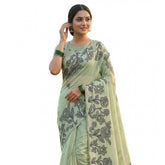 Light green linen cotton printed saree with unstitched blouse (5.5Mtr), showcasing vibrant design