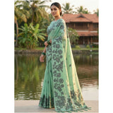 Women's Linen Cotton Printed Saree With Unstitched Blouse 5.5Mtr (Rama Green)