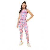 Multicolor printed polyester lycra activewear for women, full-length pant with round neck and sleeveless design