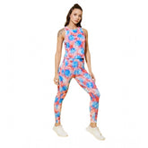 Multi-colored printed polyester lycra activewear for women, round neck, sleeveless, full length pant style