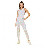 Multicolor printed polyester lycra activewear for women, round neck, sleeveless, full length pant design