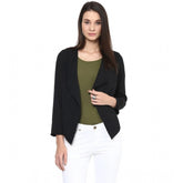 Black polyester women's solid long sleeves blazer with shawl collar neck on mannequin