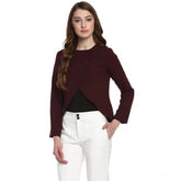 Maroon polyester diagonal cut women's blazer with round neck, long sleeves, and button closure