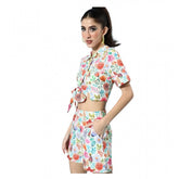 Women's multicolor floral polyester short sleeve co-ord set, featuring shirt collar neck, short sleeves, above knee length, slip-on and button closure with shorts style bottoms