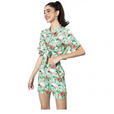 Multicolor polyester floral short sleeve co-ord set for women - slip-on and button shorts with shirt collar neck