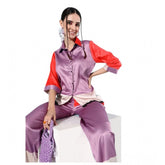 Multicolor satin women's long sleeve co-ord set with shirt collar neck, full length, slip-on and button pants