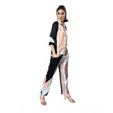 Beige-Black satin colour block long sleeves women's co-ord set, full length slip-on and button pant set on hanger